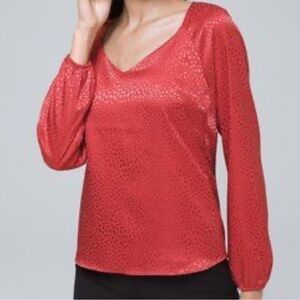 💕White House Black Market sheen animal print Red Textured Blouse, lined